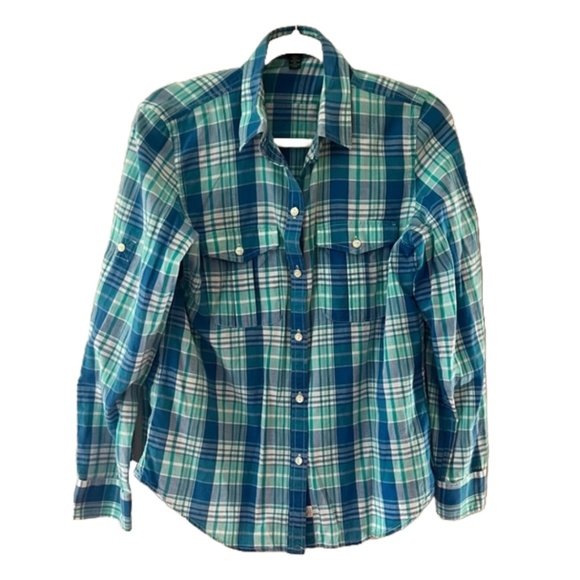Ralph Lauren Polo Boys Blue Green Plaid Button Up Down Top Medium - Picture 1 of 5